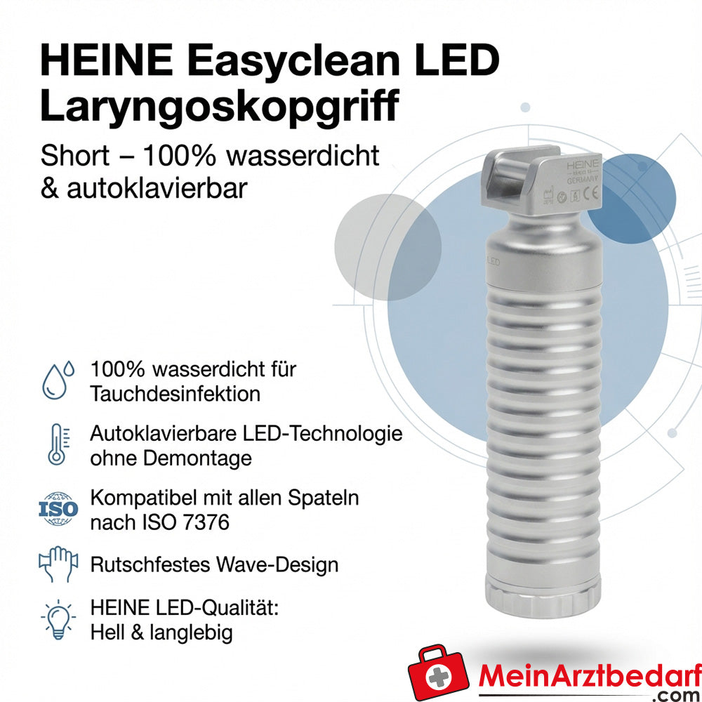 Heine Easyclean LED Short Laryngoscope Handle, waterproof, autoclavable, ISO 7376 compatible