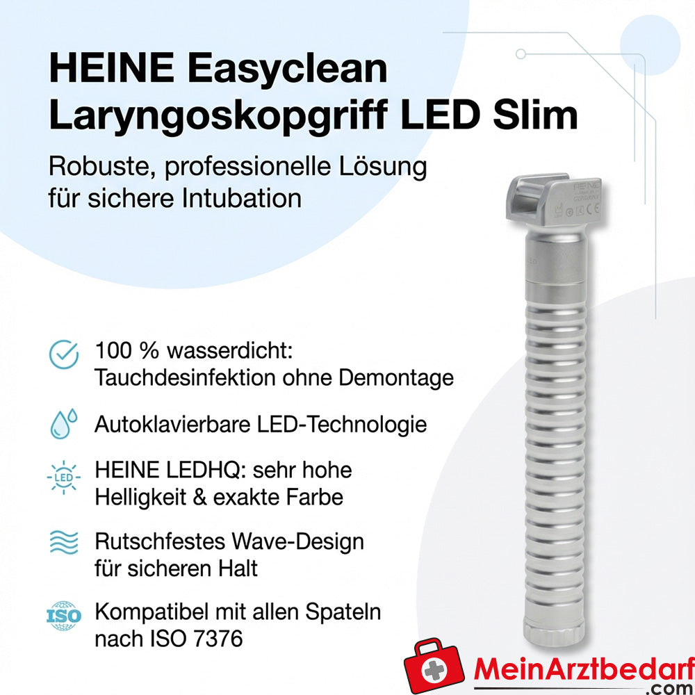 Rękojeść laryngoskopu Heine Easyclean LED Slim, autoklawowalna, wodoodporna, zgodna z ISO 7376