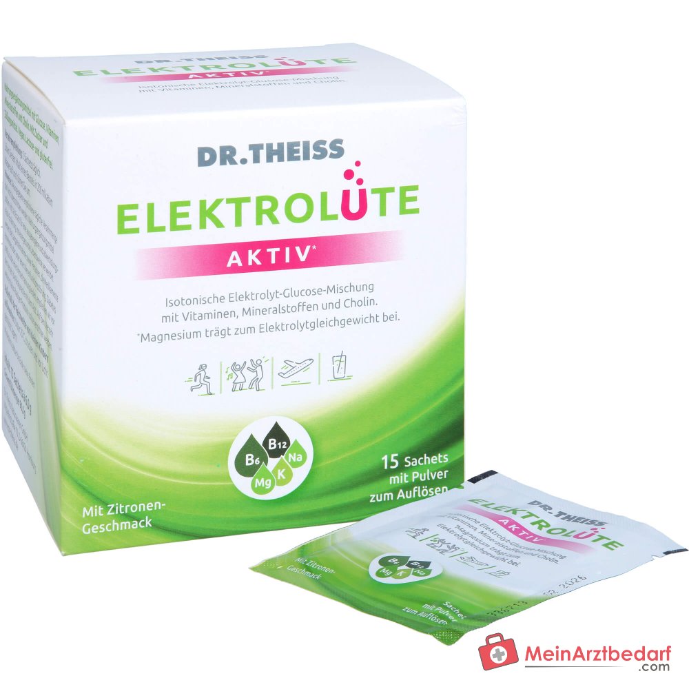 Dr. Theiss Elektrolüte Aktiv Glucose / Vitamin C / Vitamin B6 / Vitamin B12 / Niacin / Magnesium / Kalium / Natrium / Cholin Pulver, 15 Beutel.