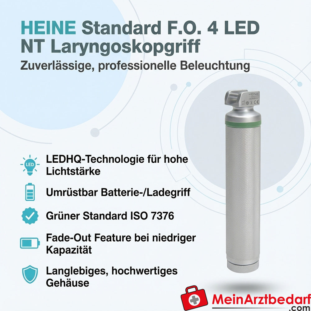Rękojeść laryngoskopu Heine Standard F.O.4 LED NT z wymienną baterią/rękojeścią do ładowania, zgodna z ISO 7376