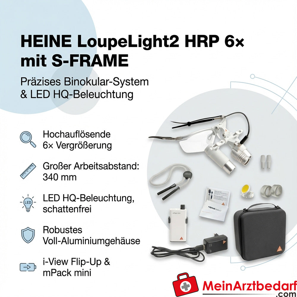 Heine LoupeLight2 HRP 6x Binoculaire Loep 340 mm met S-FRAME en mPack mini