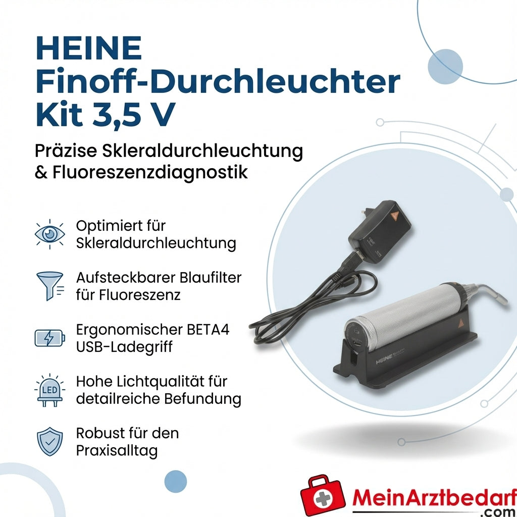 Heine Finoff kit transilluminatore 3,5 V BETA4 maniglia di ricarica USB filtro blu transilluminazione sclerale