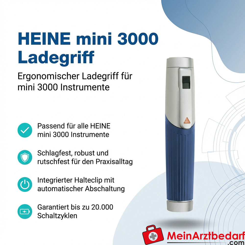 Heine mini 3000 charging handle, chrome alloy/plastic, ergonomic, retaining clip