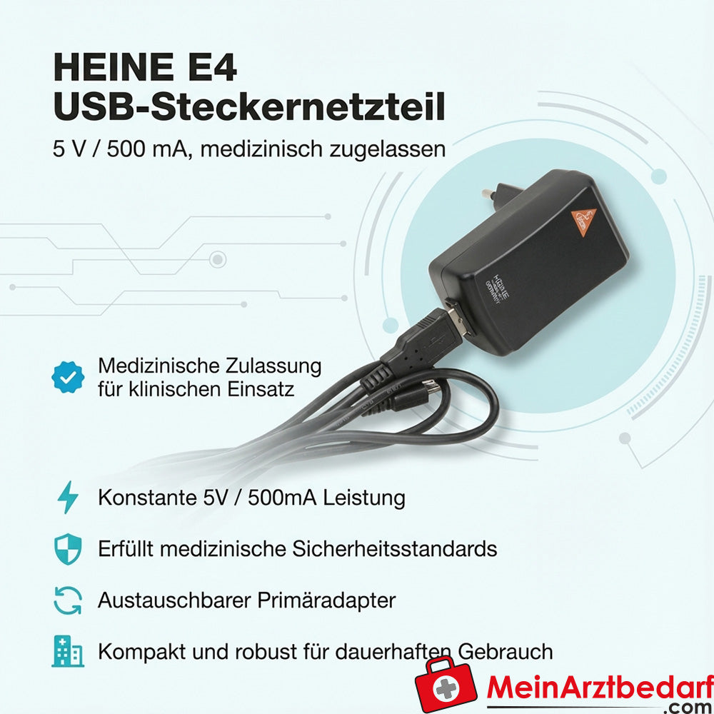 Heine E4 alimentatore USB plug-in 5 V/500 mA con cavo USB, approvato da un punto di vista medico