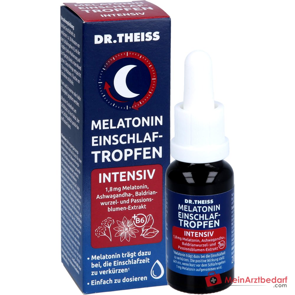 Dr. Theiss Melatonin Einschlaf-Tropfen intensiv Melatonin / Vitamin B6 / Ashwagandha / Baldrianwurzel / Passionsblume Tropfen, 20 ml.