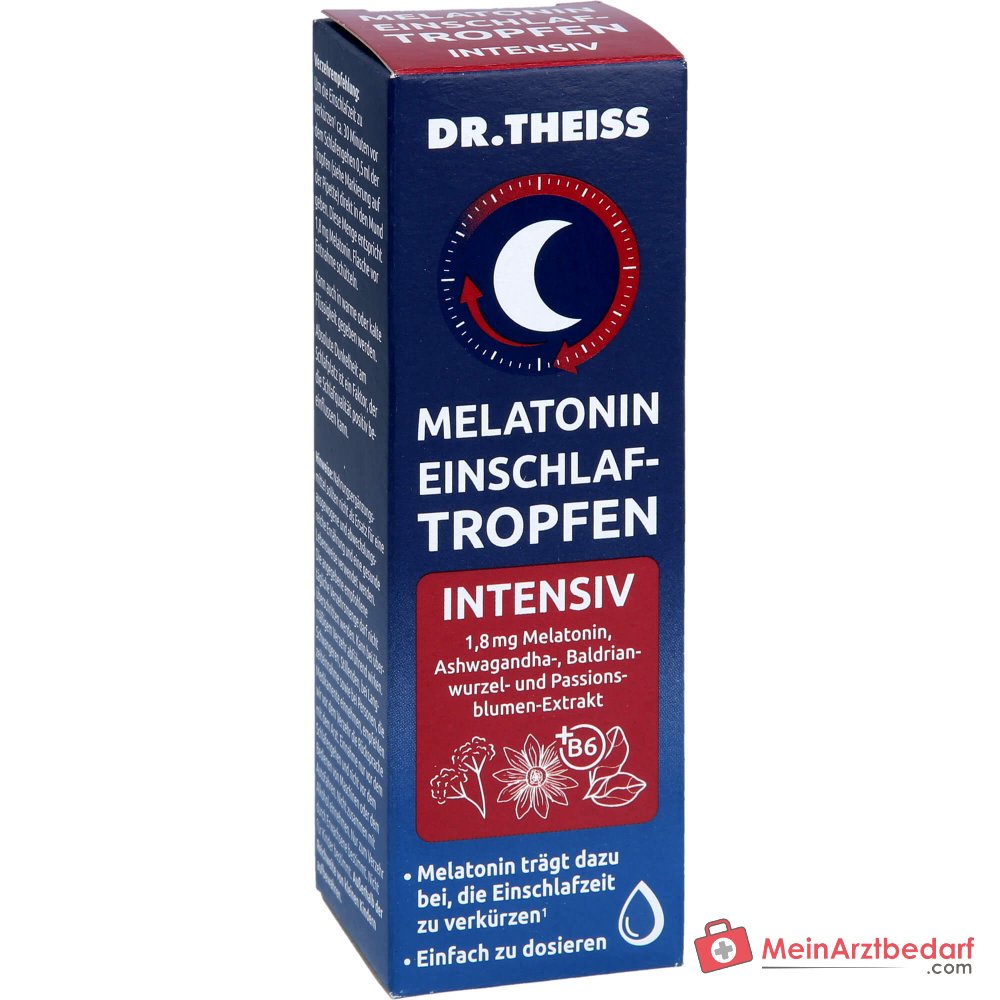 Dr. Theiss Melatonin Einschlaf-Tropfen intensiv Melatonin / Vitamin B6 / Ashwagandha / Baldrianwurzel / Passionsblume Tropfen, 20 ml.