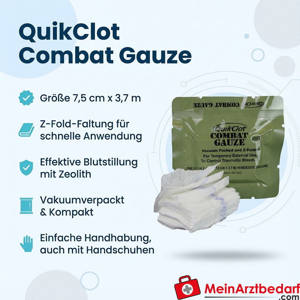 QuikClot Combat Gauze Z-Fold Zeolith-impregniert Vakuum-Pack 7,5 cm x 3,7 m