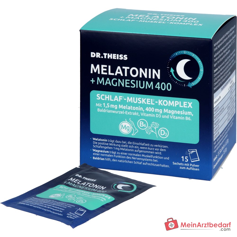 Dr. Theiss Melatonin / Magnesium / Baldrian / Vitamin D3 / Vitamin B6 Schlaf-Komplex Pulver, 15 Stück.