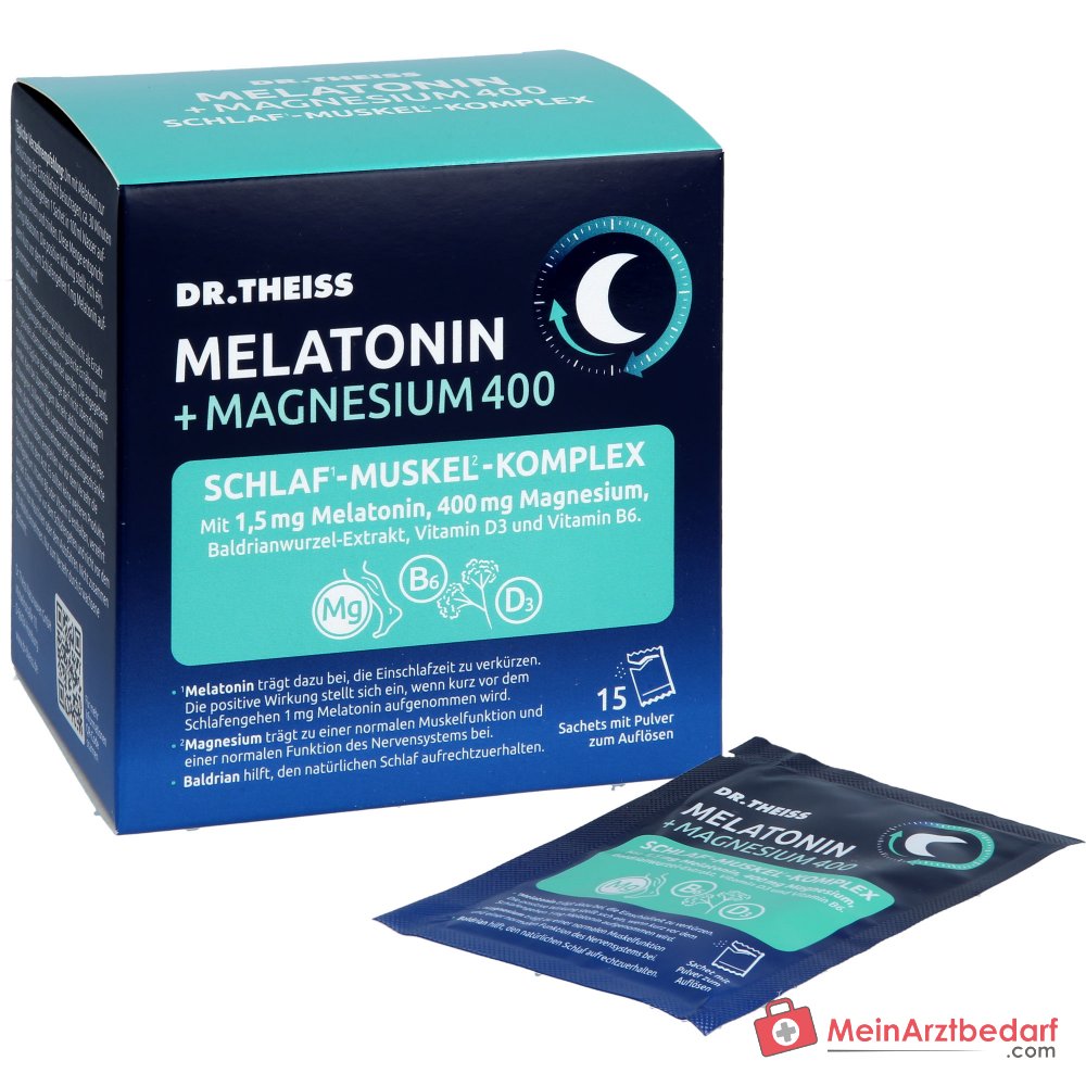 Dr. Theiss Melatonin / Magnesium / Baldrian / Vitamin D3 / Vitamin B6 Schlaf-Komplex Pulver, 15 Stück.