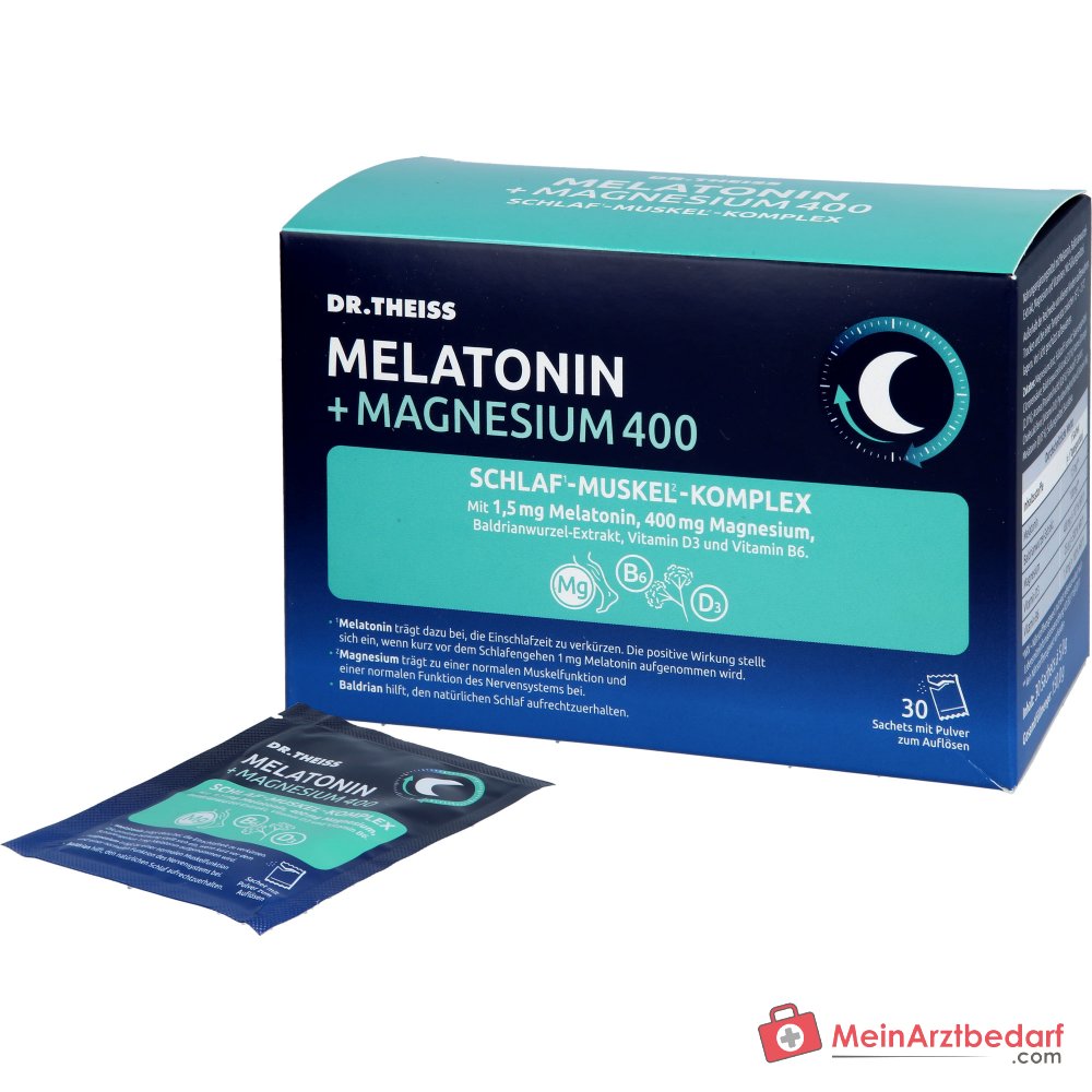 Dr. Theiss Melatonin / Magnesium / Baldrianwurzel-Extrakt / Vitamin D3 / Vitamin B6 Schlaf-Muskel-Komplex Pulver, 30 Beutel à 5 g.
