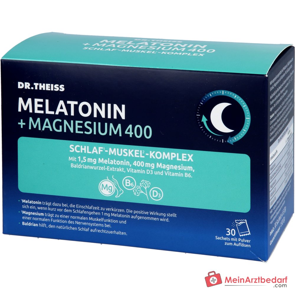 Dr. Theiss Melatonin / Magnesium / Baldrianwurzel-Extrakt / Vitamin D3 / Vitamin B6 Schlaf-Muskel-Komplex Pulver, 30 Beutel à 5 g.