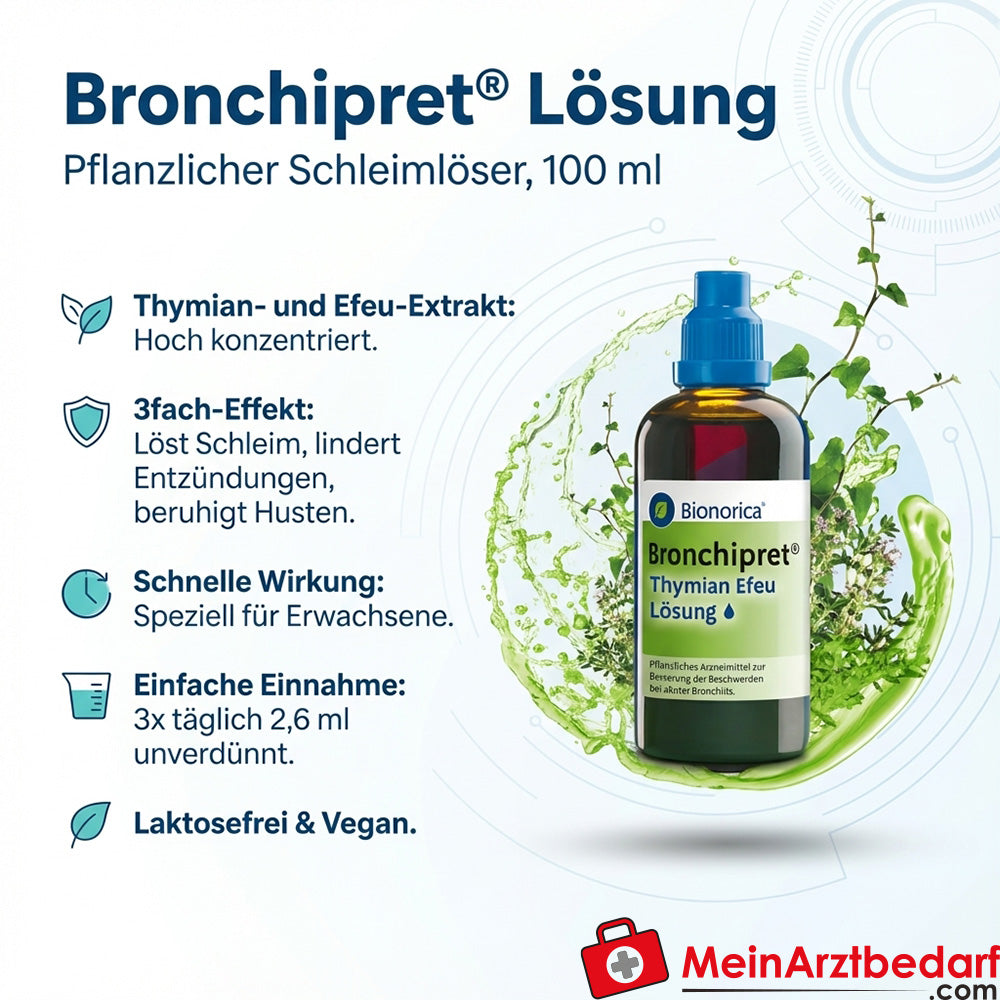 Bionorica Bronchipret Lösung 100 ml, pflanzlicher Schleimlöser mit Thymian und Efeu, hoch konzentriert, für Erwachsene