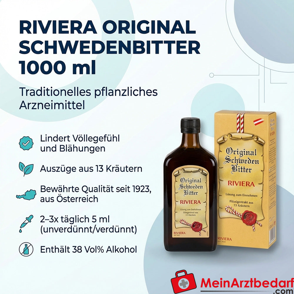 Riviera Original Swedish Bitters 1000 ml Medicamento para la hinchazón y flatulencia