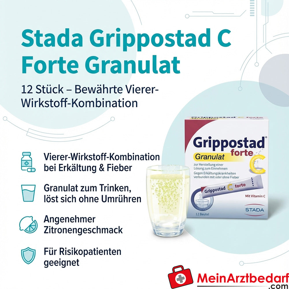 Stada Grippostad C Forte granulaat 12 stuks, verkoudheid/koortsverlagend, paracetamol+ascorbinezuur+cafeïne+chlorofenamine