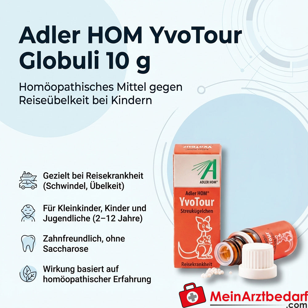 Adler HOM YvoTour Globuli 10 g - granules homéopathiques à saupoudrer contre le mal des transports chez les enfants