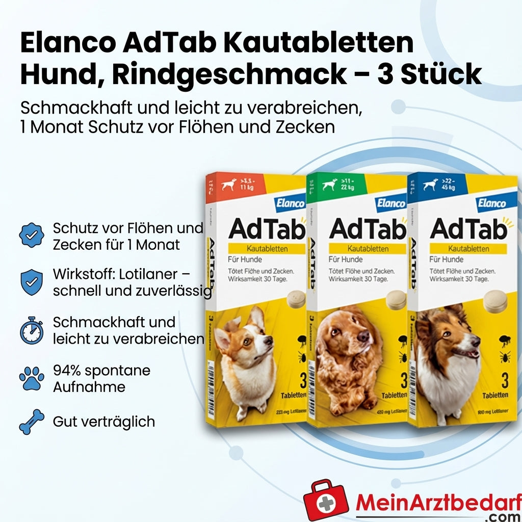 Elanco AdTab tabletki do żucia dla psa 3 szt Lotilaner smak wołowiny - 1 miesiąc ochrony przed pchłami i kleszczami