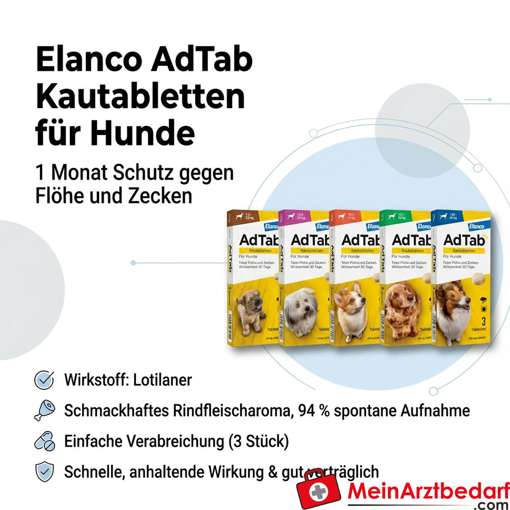 Elanco AdTab tabletki do żucia dla psów Lotilaner wołowina 3 sztuki - 1 miesiąc ochrony przed pchłami i kleszczami