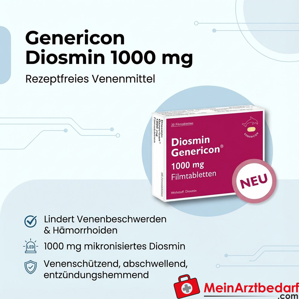 Genericon Diosmin 1000 mg comprimidos recubiertos con película, 60 unidades, remedio venoso para trastornos venosos crónicos y hemorroides