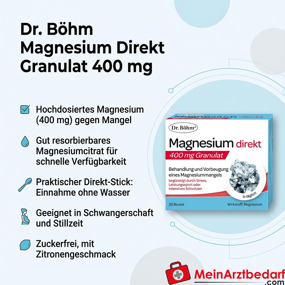Dr. Böhm Magnesium Direkt Granulat 400 mg, 20 sticks, sans sucre, goût citron