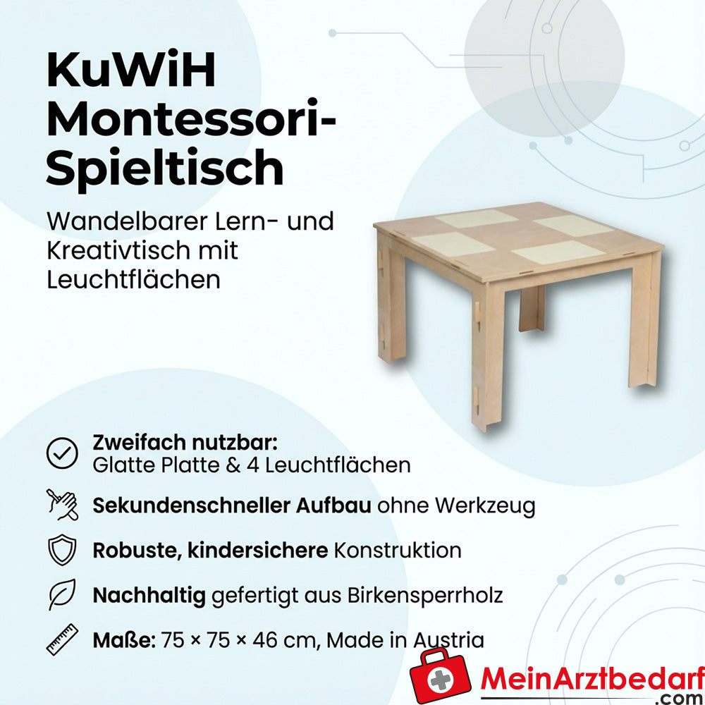 KuWiH Lernspieltisch Montessori aus Birkensperrholz mit 4 Leuchtflächen, Vollholz-Gestell, 75 x 75 x 46 cm.