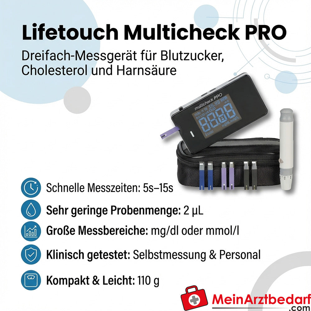 Lifetouch Multicheck PRO Dreifach-Messgerät Glucose Cholesterin Harnsäure 2 µL