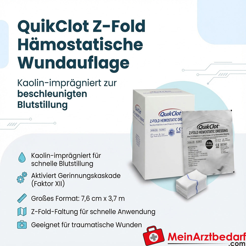 QuikClot Z-Fold hämostatische Wundauflage Kaolin-imprägniert 7,6 cm x 3,7 m 1 Stück