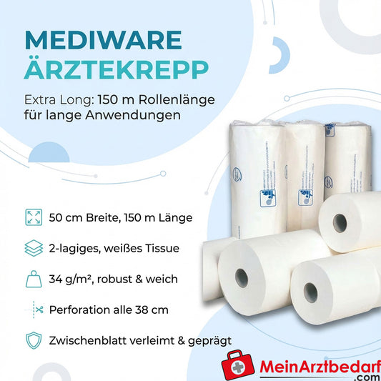 Mediware Ärztekrepp Extra Long 50 cm x 150 m 2-lagig 34 g/m² perforiert alle 38 cm 6 Rollen