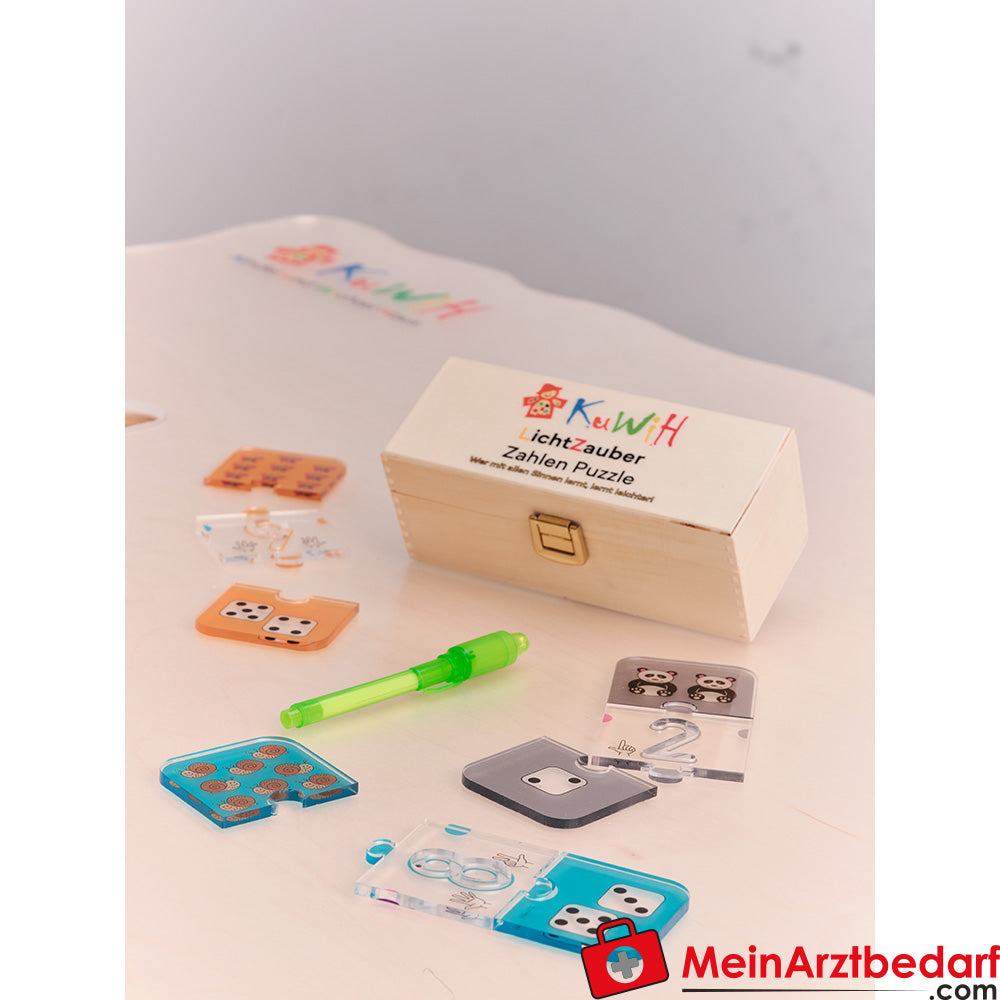 KuWiH LichtZauber Zahlen Puzzle in einer Holzbox mit Lichtstift.