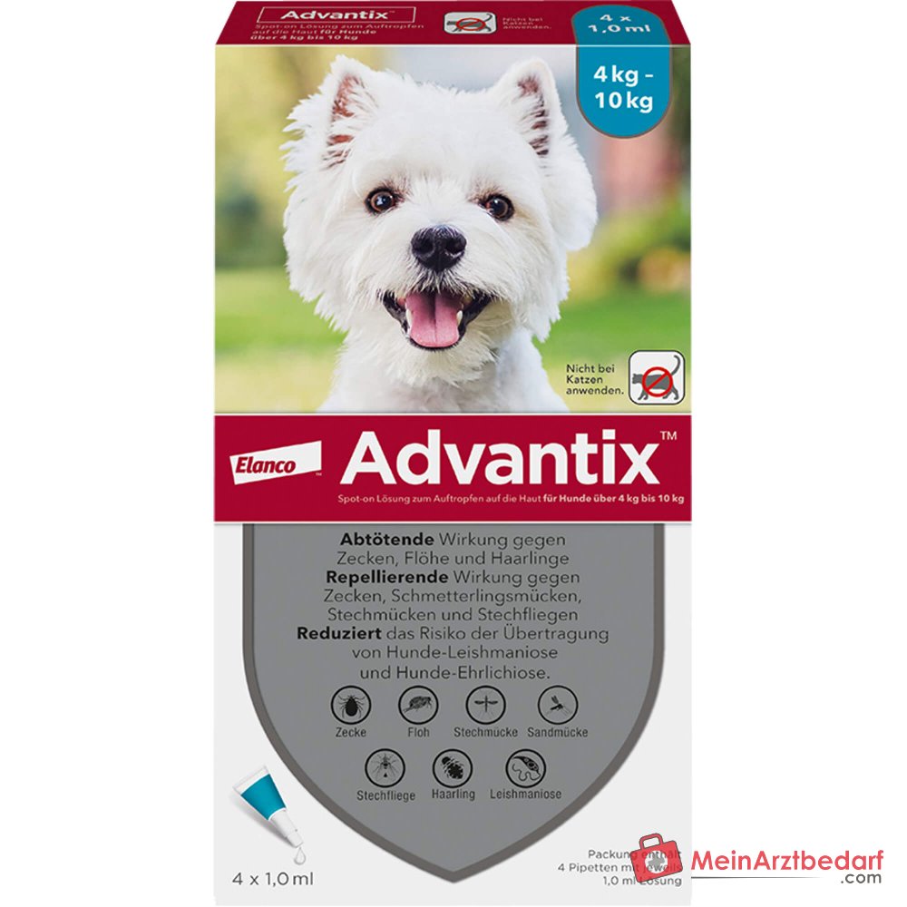 Elanco Advantix Spot-on Imidacloprid / Permetrina Solución para aplicar en perros de 4-10 kg, 4 unidades.