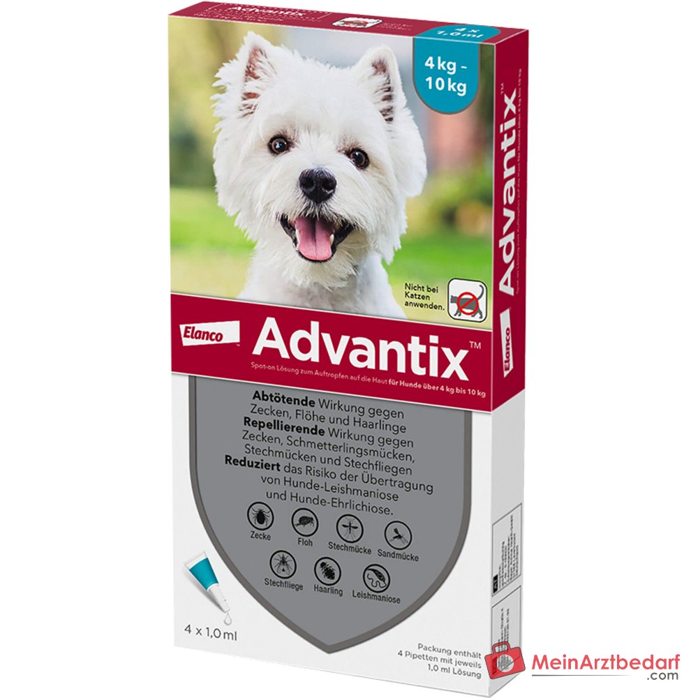 Elanco Advantix Spot-on Imidacloprid / Permetrina Solución para aplicar en perros de 4-10 kg, 4 unidades.