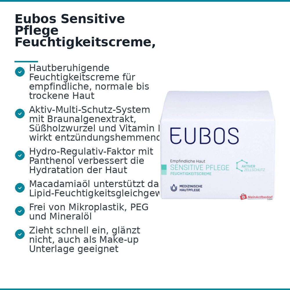 Eubos Sensitive Pflege Feuchtigkeitscreme Braunalgenextrakt / Süßholzwurzel / Vitamin E / Panthenol / Macadamiaöl Creme, 50 ml.