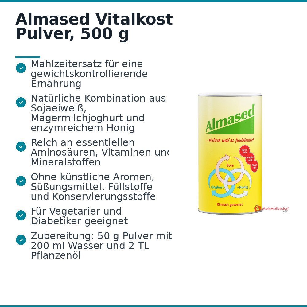 Almased Vitalkost Sojaeiweiß / Bienenhonig / Magermilch-Joghurtpulver Pulver, 500 g.