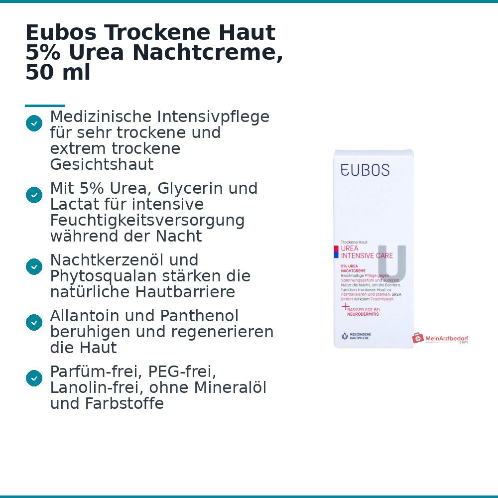 Eubos Trockene Haut Urea 5% Urea / Glycerin / Lactat Nachtcreme, 50 ml.