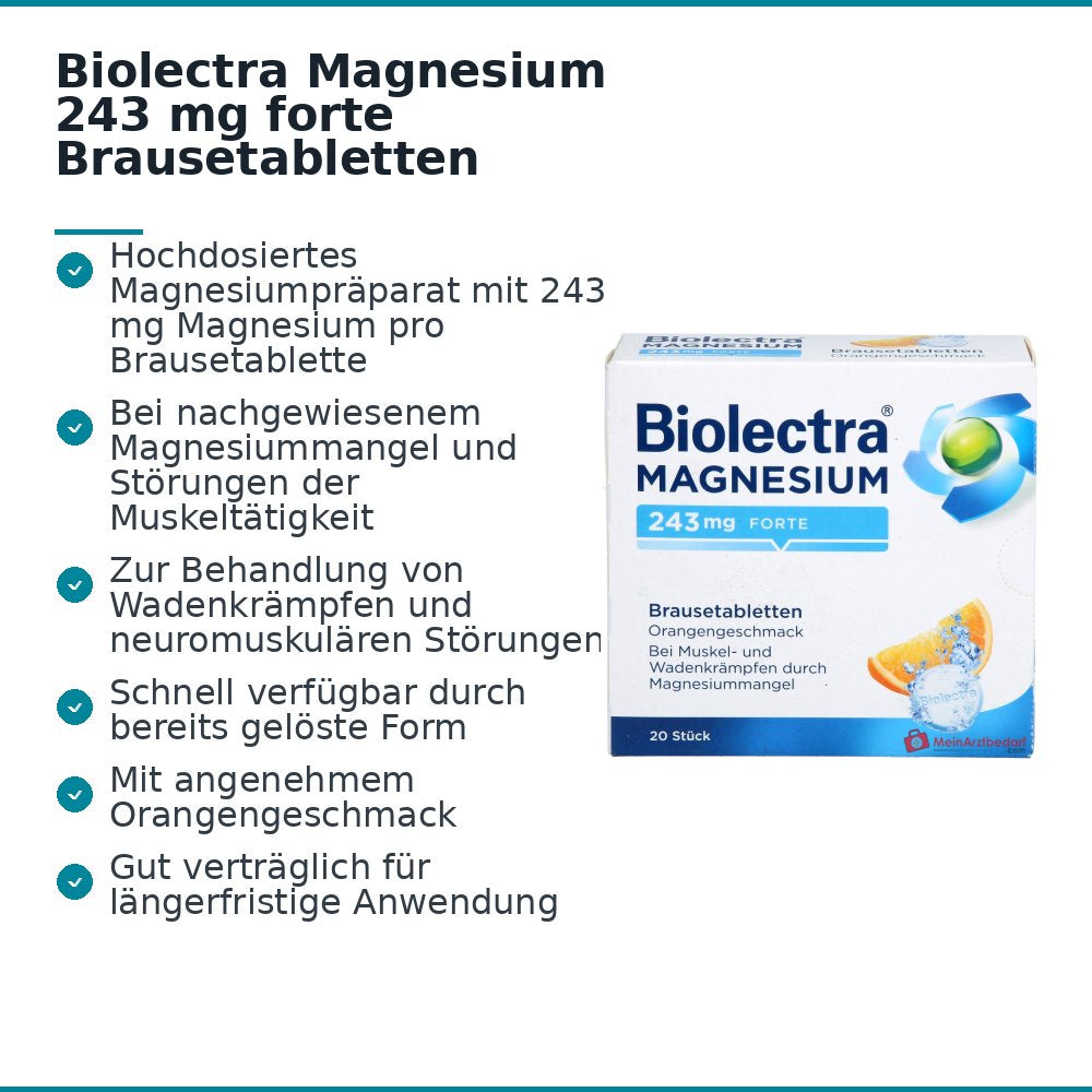 Biolectra Magnesium 243 mg forte Magnesium Brausetabletten Orangengeschmack, 20 St..