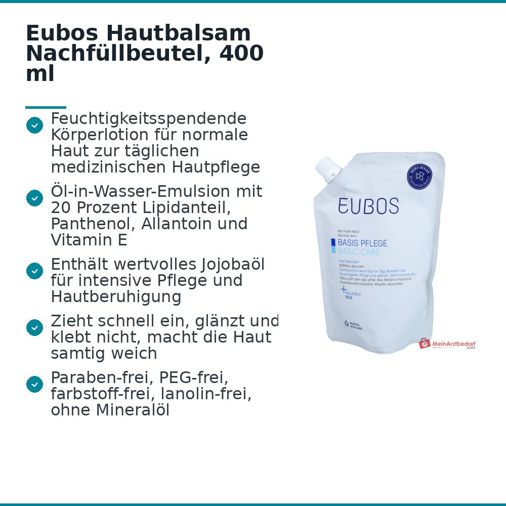Eubos Hautbalsam Panthenol / Allantoin / Vitamin E / Jojobaöl Balsam Nachfüllbeutel, 400 ml.