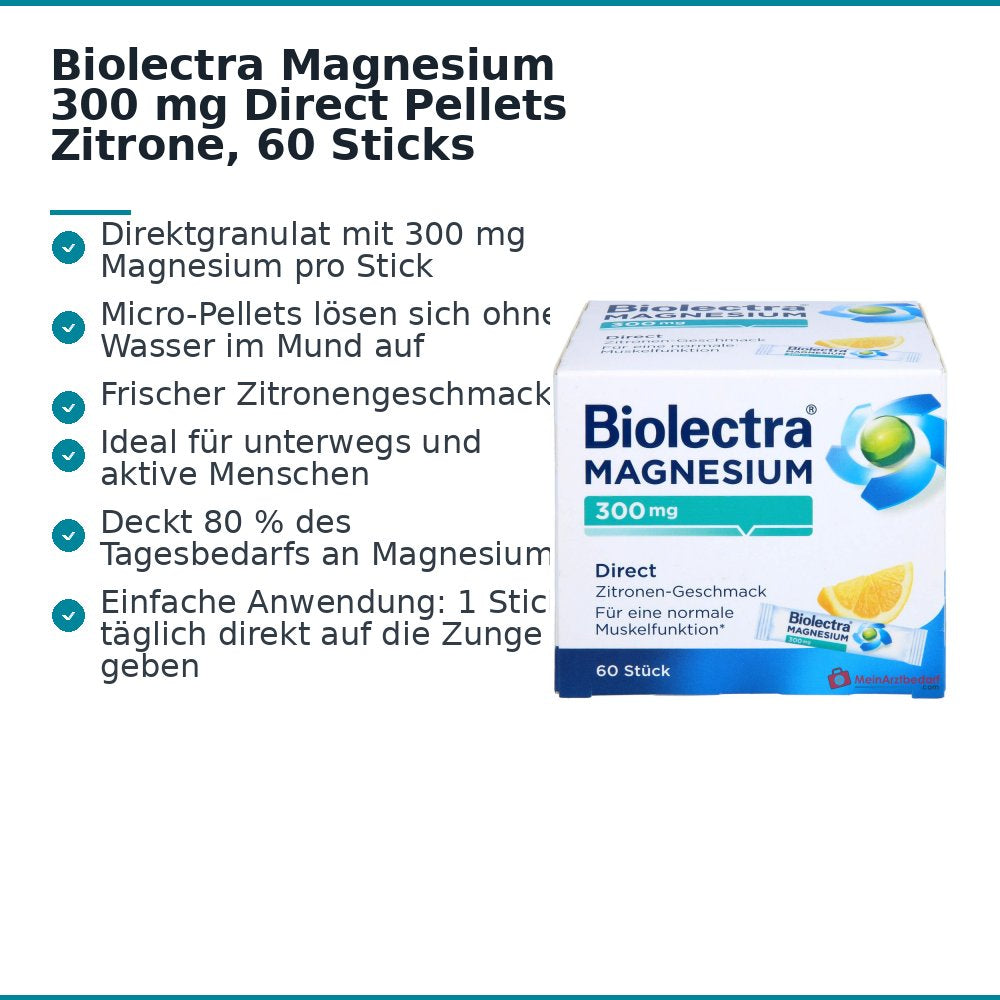 Biolectra Magnesium 300 mg Direct Magnesiumoxid Micro-Pellets Zitrone, 60 Sticks.
