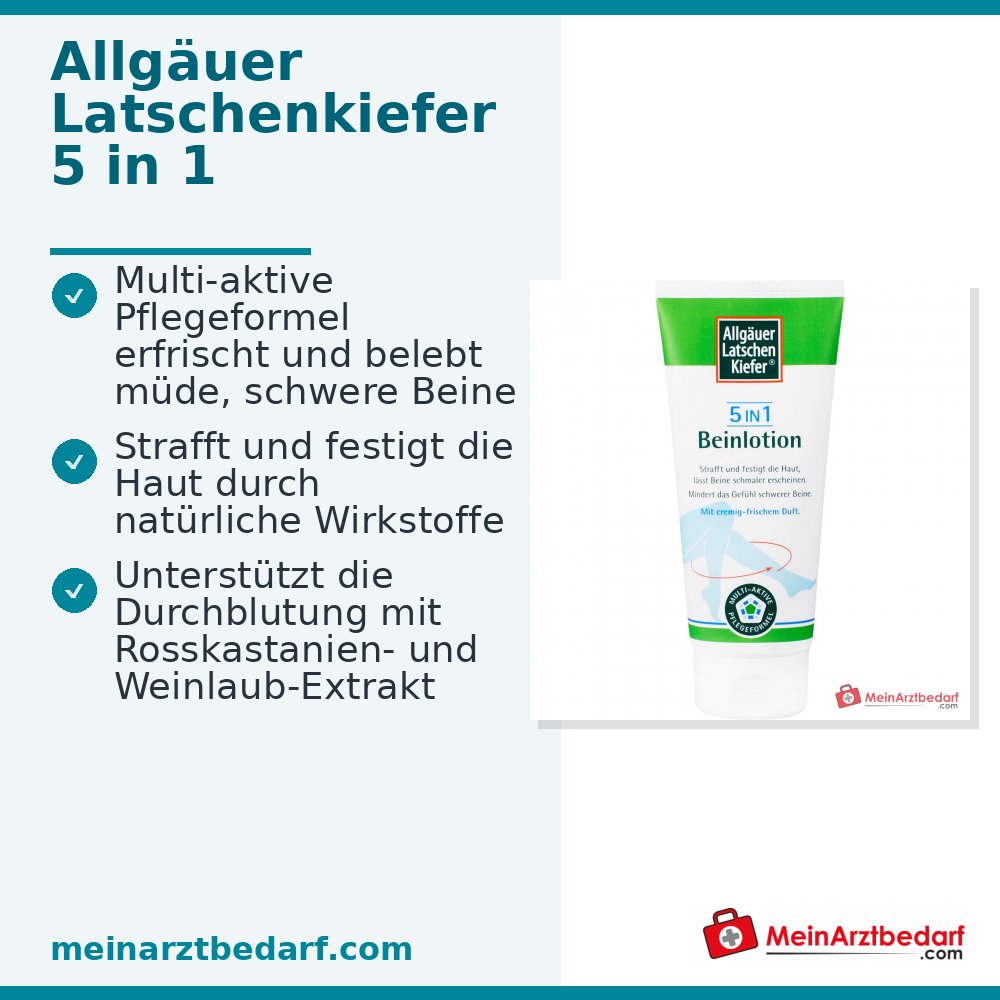 Allgäuer Latschenkiefer 5 in 1 Beinlotion Rosskastanie / Rotes Weinlaub / Hyaluronsäure / Ingwer / Thermalwasser Lotion, 200 ml.
