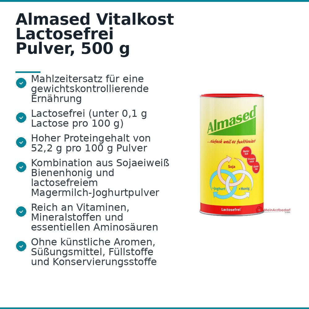 Almased Vitalkost Lactosefrei Sojaeiweiß / Bienenhonig / Magermilch-Joghurtpulver Pulver, 500 g.