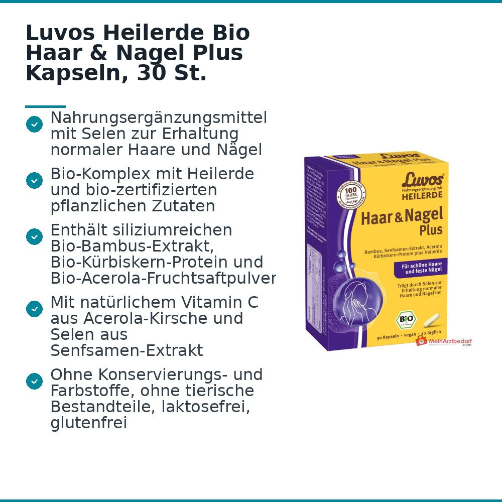 Luvos Heilerde Bio Haar & Nagel Plus Vitamin C / Selen / Silizium / Kürbiskern-Protein / Piperin Kapseln, 30 St..