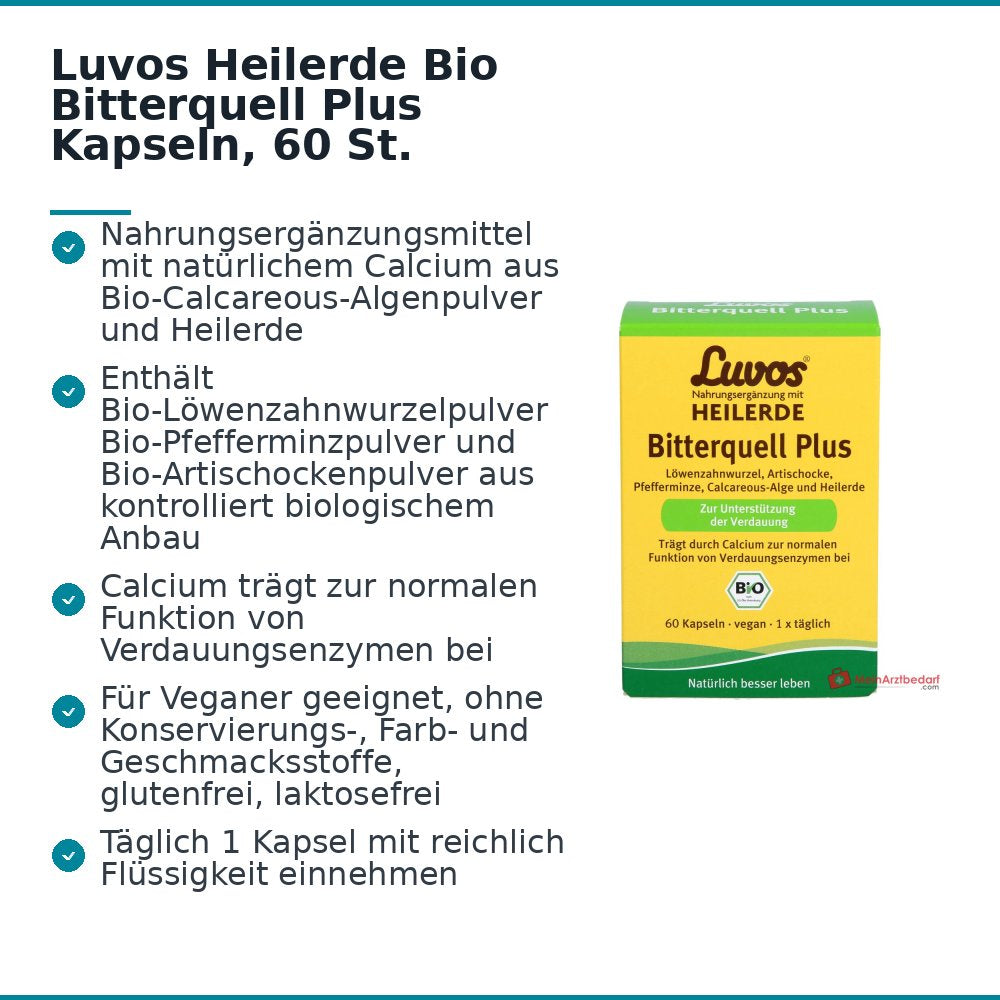 Luvos Heilerde Bio Bitterquell Plus Calcium / Loewenzahnwurzel / Pfefferminze / Artischocke / Heilerde Kapseln, 60 St..