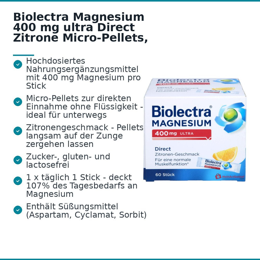 Biolectra Magnesium 400 mg ultra Direct Zitrone Magnesiumoxid Micro-Pellets, 60 Sticks.