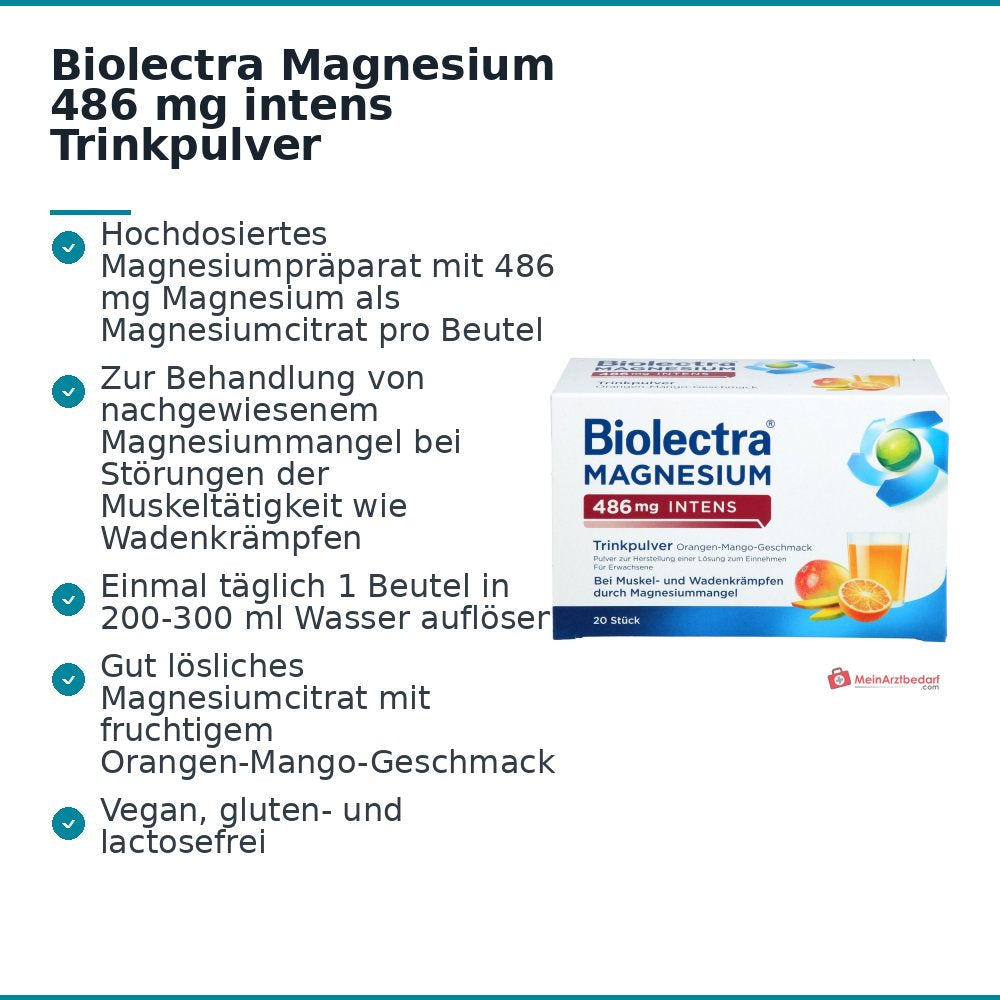Biolectra Magnesium 486 mg intens Magnesiumcitrat Trinkpulver Orangen-Mango-Geschmack, 20 Beutel.