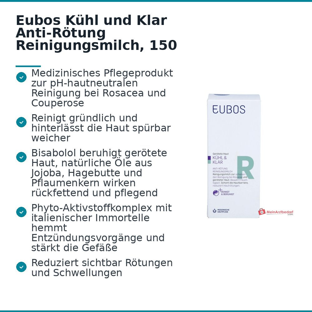 Eubos Kühl und Klar Anti-Rötung Reinigungsmilch Bisabolol / Jojobaöl / Hagebuttenkernöl / Pflaumenkernöl / Italienische Immortelle Reinigungsmilch, 150 ml.