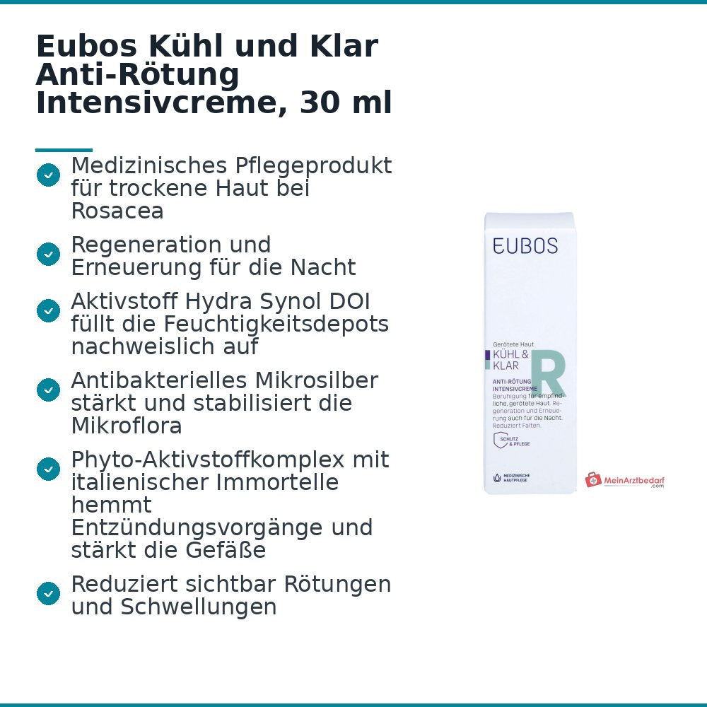 Eubos Kühl und Klar Anti-Rötung Intensivcreme Hydra Synol DOI / Mikrosilber / Italienische Immortelle Creme, 30 ml.