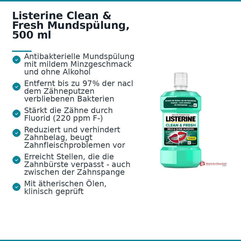 Listerine Clean & Fresh Eucalyptol / Thymol / Menthol / Methylsalicylat Mundspülung, 500 ml.