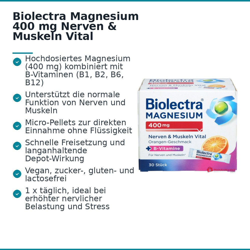 Biolectra Magnesium 400 mg Nerven & Muskeln Vital Magnesium / Vitamin B1 / Vitamin B2 / Vitamin B6 / Vitamin B12 Micro-Pellets, 30 Sticks.