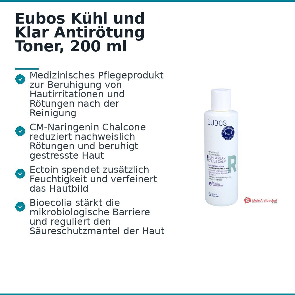 Eubos Kühl und Klar CM-Naringenin Chalcone / Ectoin / Panthenol / Bioecolia Antirötung Toner, 200 ml.