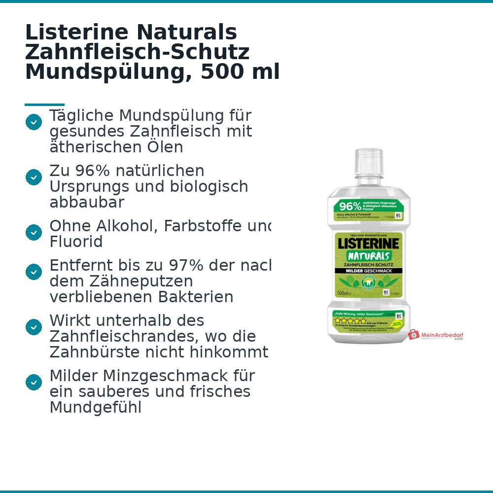 Listerine Naturals Zahnfleisch-Schutz Mundspülung mit ätherischen Ölen Lösung, 500 ml.