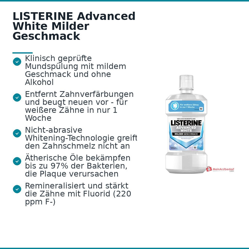 LISTERINE Advanced White Milder Geschmack Mundspülung, 500 ml.