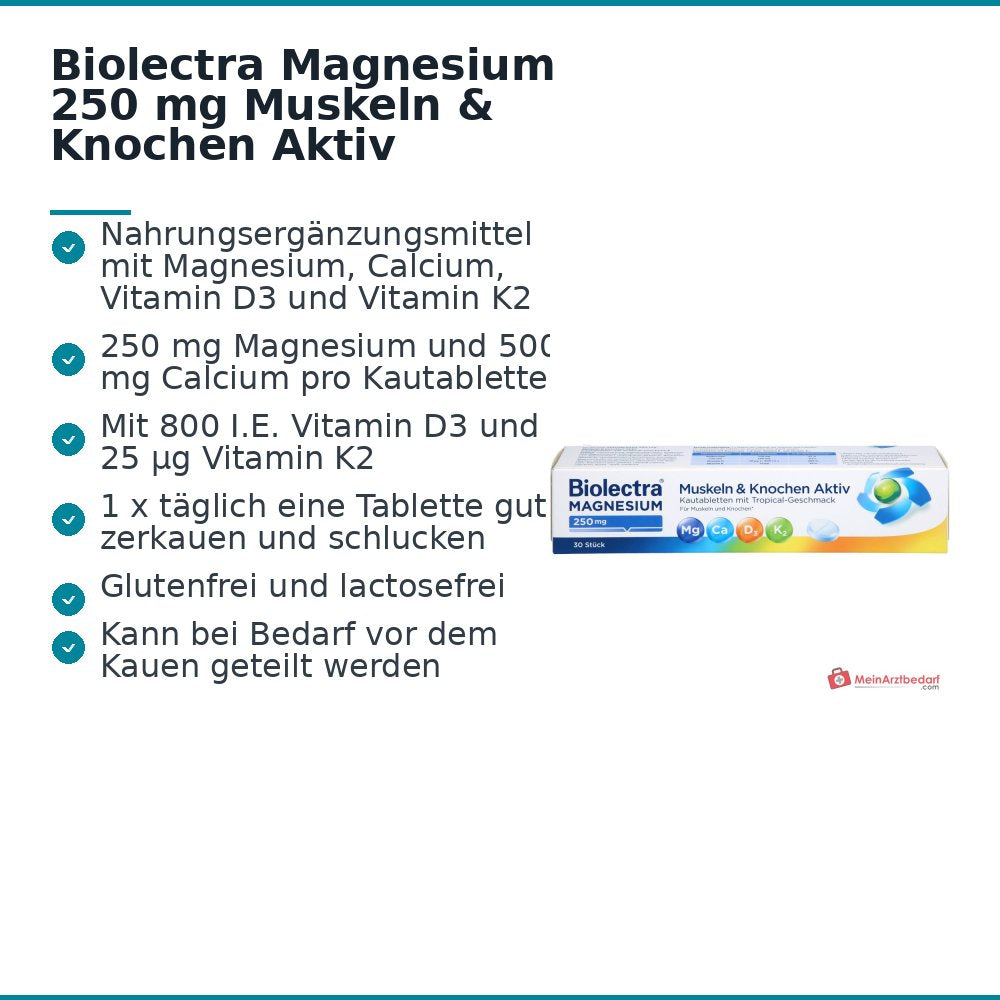 Biolectra Magnesium 250 mg / Calcium 500 mg / Vitamin D3 / Vitamin K2 Muskeln & Knochen Aktiv Kautabletten, 30 St..